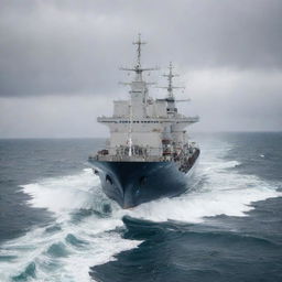 A large ship in operation in open seas with sailors busily working on the deck while navigating through medium-sized waves under a cloudy sky