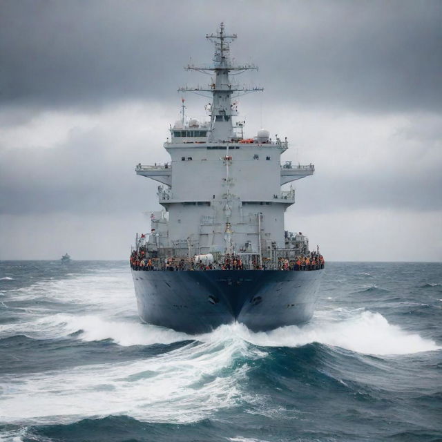 A large ship in operation in open seas with sailors busily working on the deck while navigating through medium-sized waves under a cloudy sky