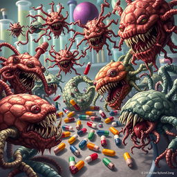 A detailed and captivating illustration of various microbes, depicted as menacing, mutated forms, attacking colorful and vibrant antibiotics represented as small capsules or figures scattered throughout the scene