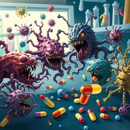 A detailed and captivating illustration of various microbes, depicted as menacing, mutated forms, attacking colorful and vibrant antibiotics represented as small capsules or figures scattered throughout the scene