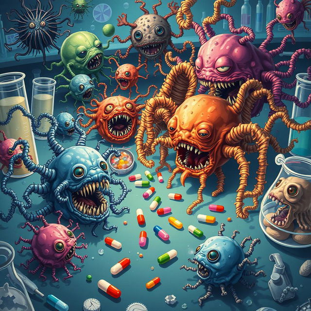 A detailed and captivating illustration of various microbes, depicted as menacing, mutated forms, attacking colorful and vibrant antibiotics represented as small capsules or figures scattered throughout the scene