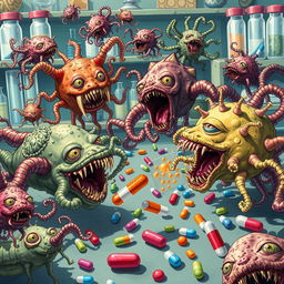 A detailed and captivating illustration of various microbes, depicted as menacing, mutated forms, attacking colorful and vibrant antibiotics represented as small capsules or figures scattered throughout the scene