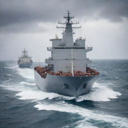 A large ship in operation in open seas with sailors busily working on the deck while navigating through medium-sized waves under a cloudy sky