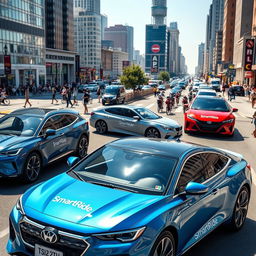 A collection of stylish cars prominently featuring the SmartRide logo