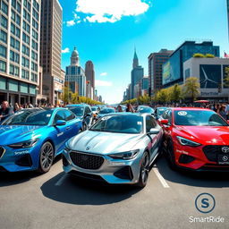 A collection of stylish cars prominently featuring the SmartRide logo