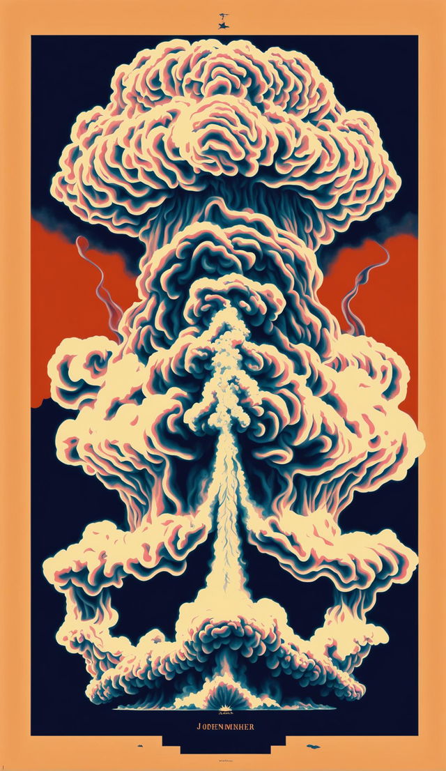 32k resolution poster featuring J. Robert Oppenheimer and a mushroom cloud, measuring 200mm, with no text.