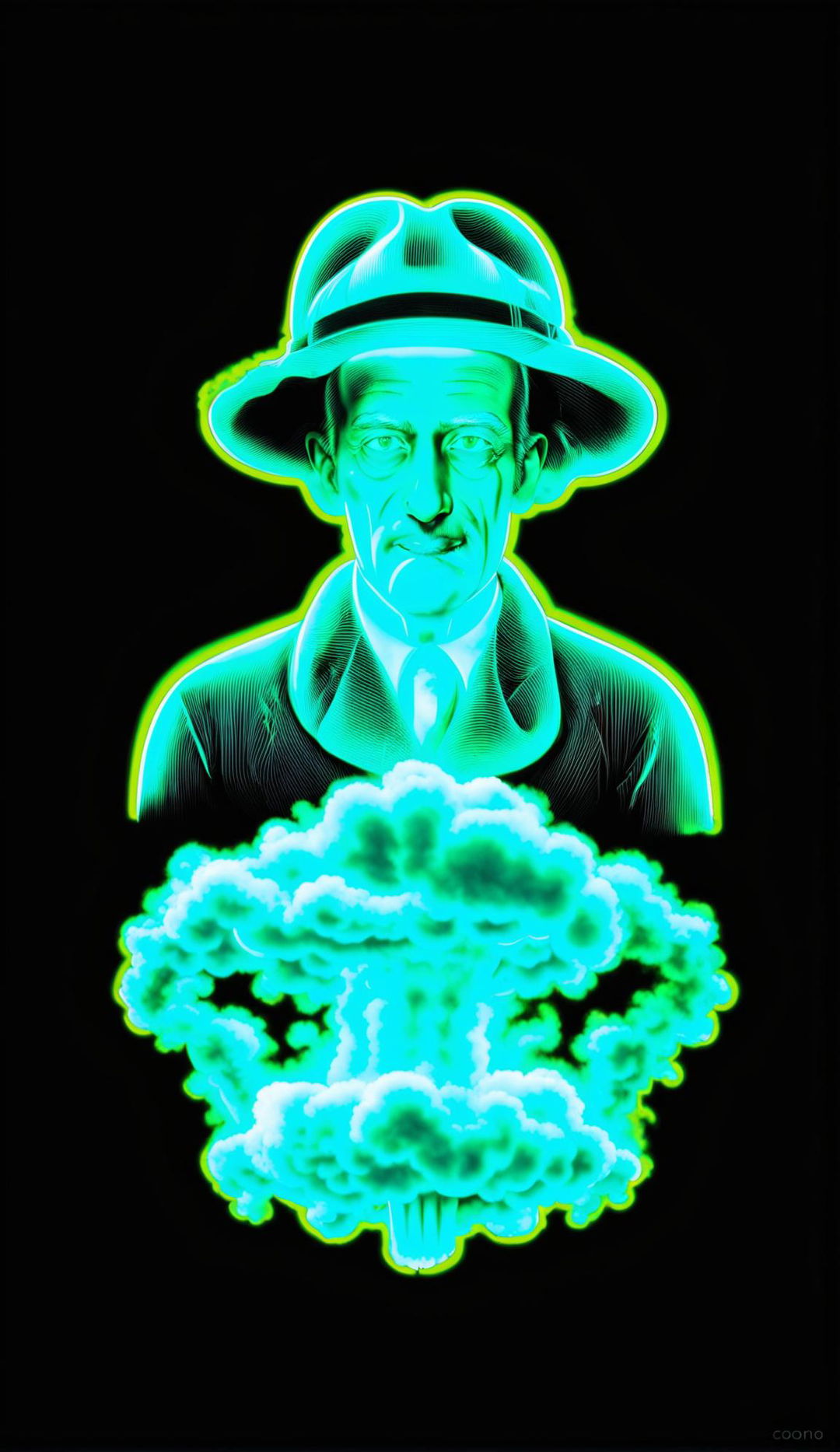 32k resolution neon poster featuring J. Robert Oppenheimer and a mushroom cloud, measuring 200mm, with no text.