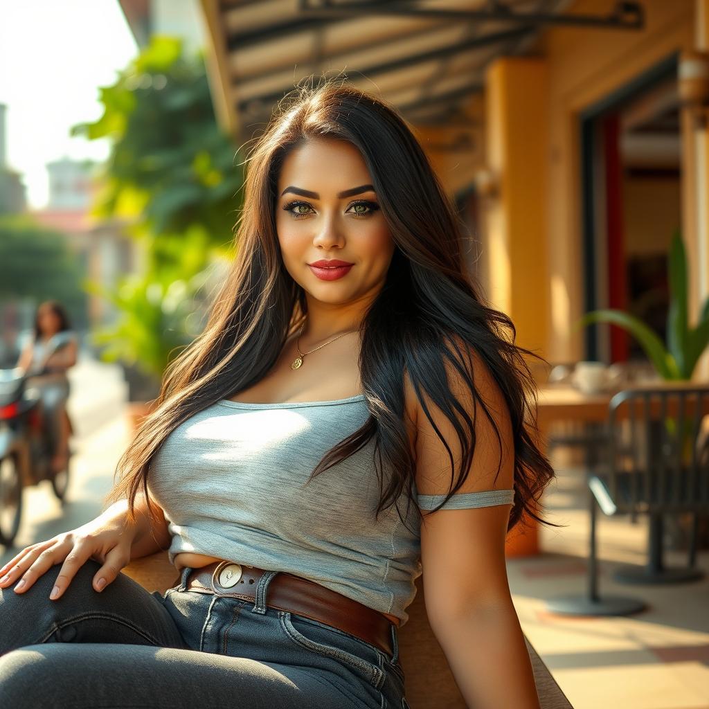 A beautiful, voluptuous woman from Central Asia, with striking features and a confident demeanor, lounging effortlessly in a stylish urban setting