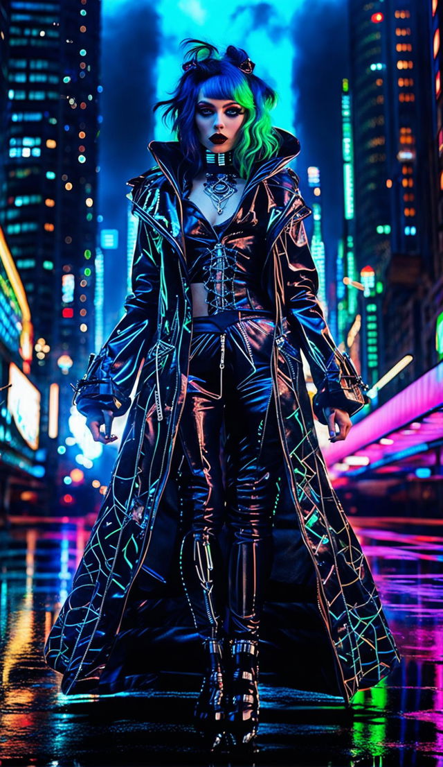 A model in a cyberpunk-gothic fusion outfit stands against a neon-lit cityscape