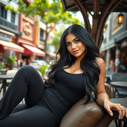 A stunning, curvaceous woman from Central Asia, with striking features and a playful smile, lounging gracefully in a chic urban setting