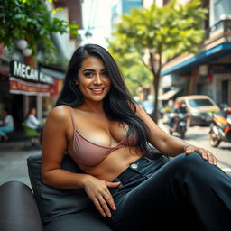 A stunning, curvaceous woman from Central Asia, with striking features and a playful smile, lounging gracefully in a chic urban setting