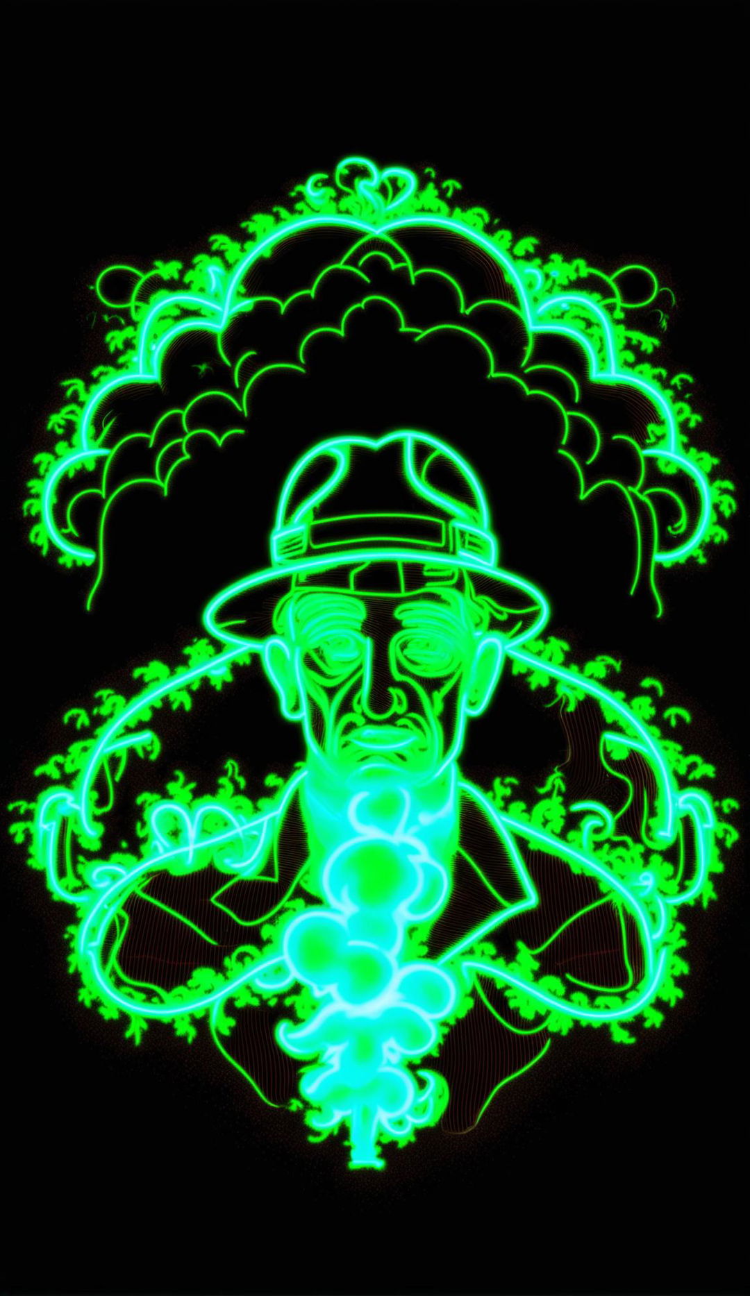 32k resolution neon poster featuring J. Robert Oppenheimer and a mushroom cloud, measuring 200mm, with no text.