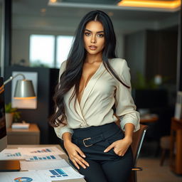 A stunning, curvaceous woman from Central Asia, showcasing her beauty and confidence in a sophisticated and casual setting
