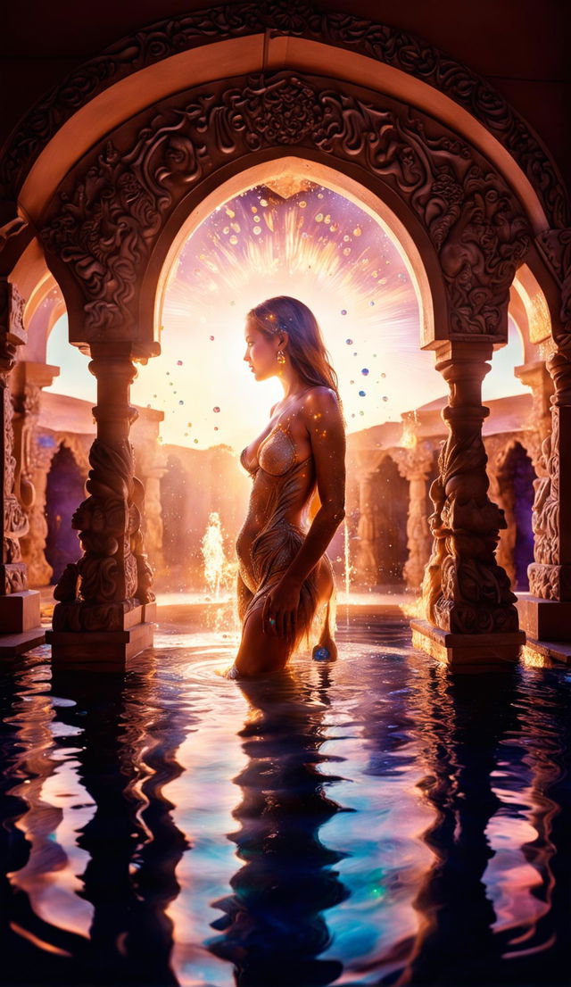 A side profile, full body shot of a goddess-like woman with wet hair and skin emerging from water resembling melted opal gems in a bathhouse made entirely of carved opal under sunrise lighting