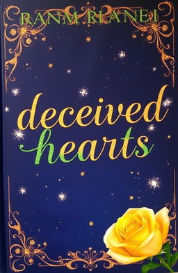 A book cover featuring a navy blue background with the title "deceived hearts" elegantly written in black calligraphy font, highlighted with green and golden outlining for a luxurious effect