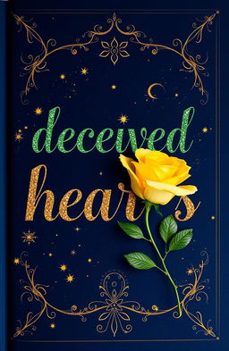 A book cover featuring a navy blue background with the title "deceived hearts" elegantly written in black calligraphy font, highlighted with green and golden outlining for a luxurious effect