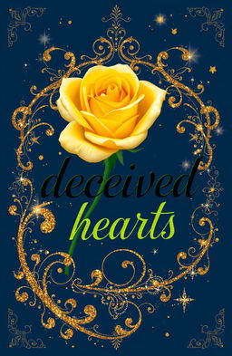 A book cover featuring a navy blue background with the title "deceived hearts" elegantly written in black calligraphy font, highlighted with green and golden outlining for a luxurious effect