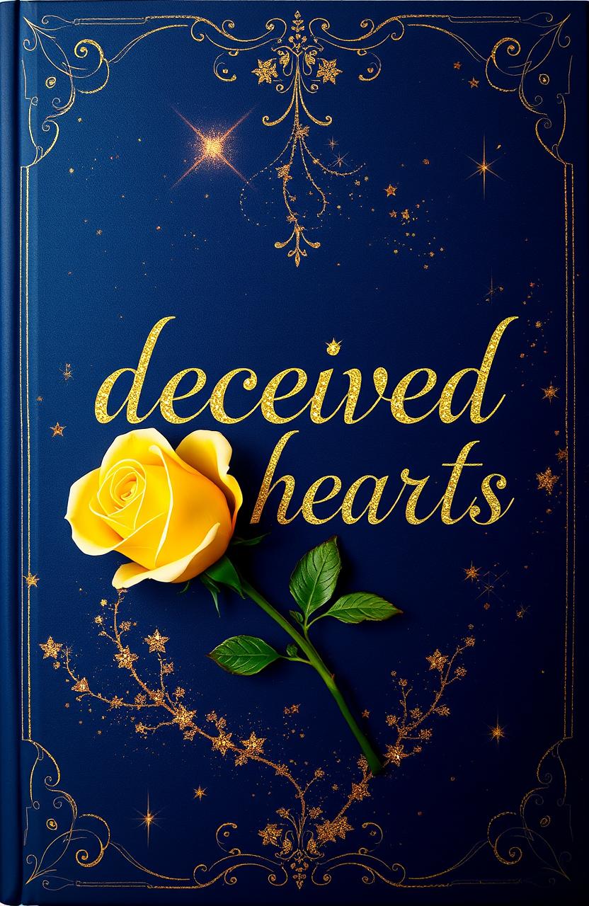 A book cover featuring a navy blue background with the title "deceived hearts" elegantly written in black calligraphy font, highlighted with green and golden outlining for a luxurious effect