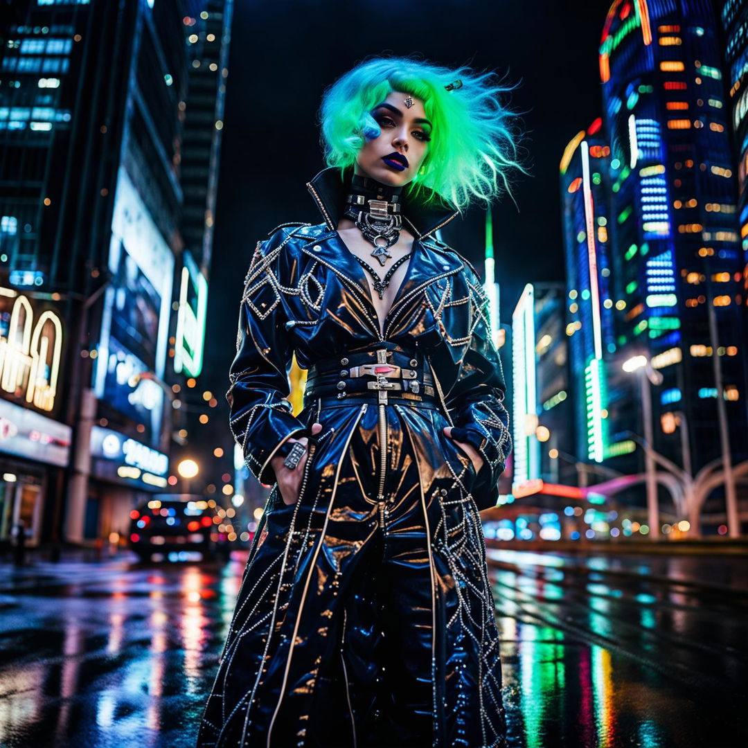 A wide shot of a model in cyberpunk-gothic attire against a neon-lit cityscape