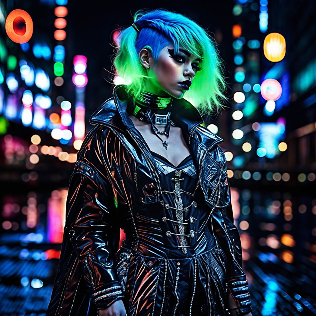 A detailed shot of a model in cyberpunk-gothic attire, taken with a Sony Alpha a7R IV and a Sony FE 90mm f/2