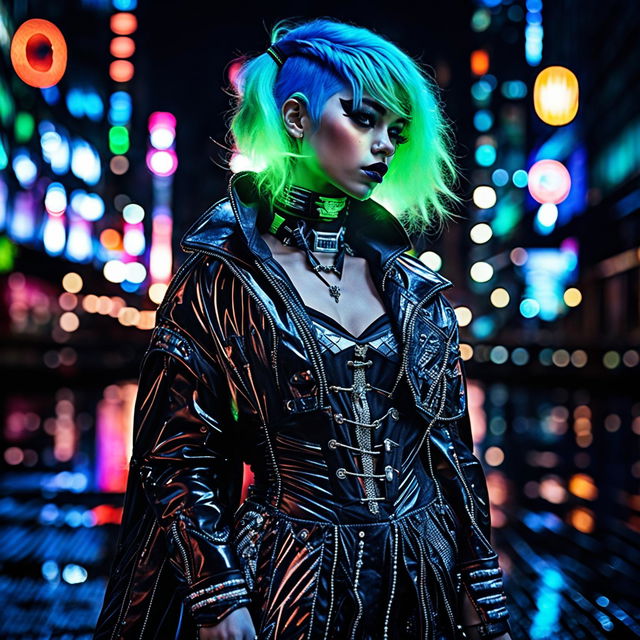 A detailed shot of a model in cyberpunk-gothic attire, taken with a Sony Alpha a7R IV and a Sony FE 90mm f/2