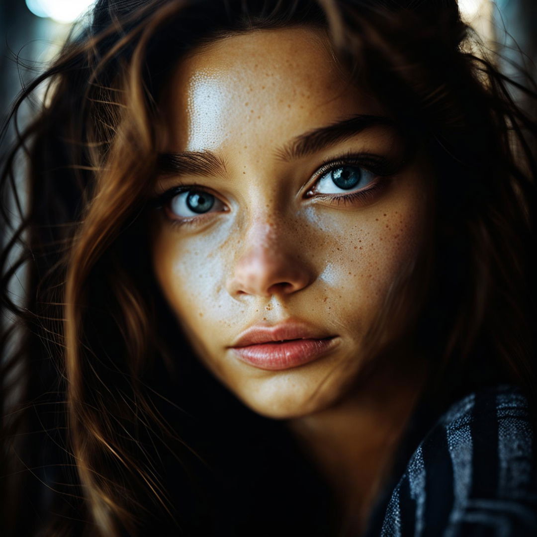 High-resolution photograph of an 18-year-old brunette with hazel doe eyes, long lashes, and light freckles