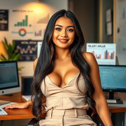 A stunning mixed-heritage woman with a beautiful, curvaceous figure, featuring prominent features including a delicate nose and fair, flawless skin