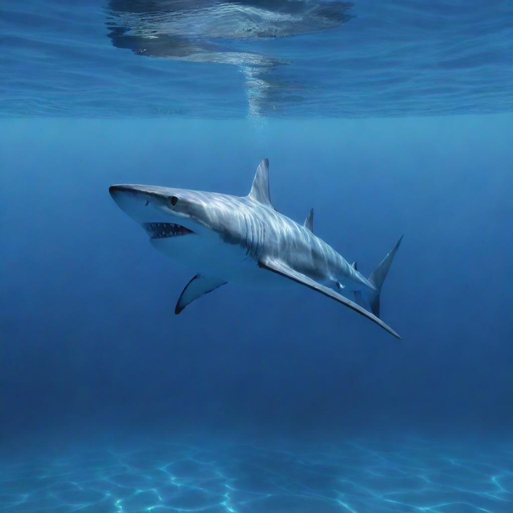 Render a powerful, sleek Mako shark moving swiftly under the crystal-clear ocean water, its streamlined body gleaming under the sea's surface light