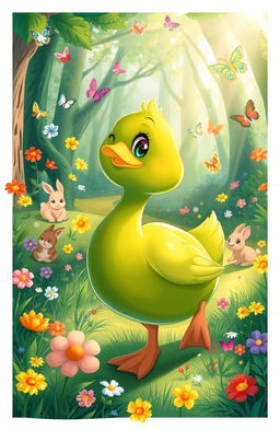 A whimsical illustration of a green duck waddling happily through a vibrant, magical forest filled with colorful flowers and playful woodland creatures