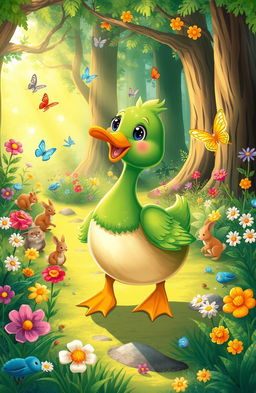 A whimsical illustration of a green duck waddling happily through a vibrant, magical forest filled with colorful flowers and playful woodland creatures