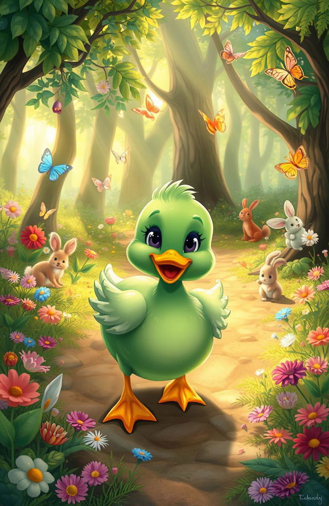 A whimsical illustration of a green duck waddling happily through a vibrant, magical forest filled with colorful flowers and playful woodland creatures