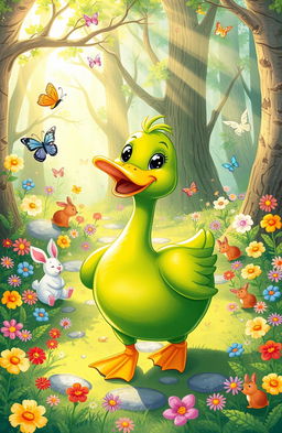 A whimsical illustration of a green duck waddling happily through a vibrant, magical forest filled with colorful flowers and playful woodland creatures