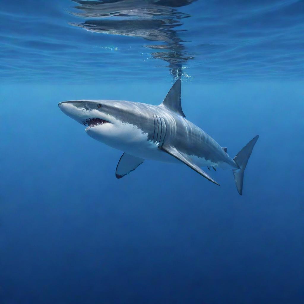 Render a powerful, sleek Mako shark moving swiftly under the crystal-clear ocean water, its streamlined body gleaming under the sea's surface light