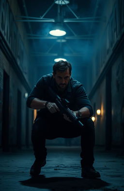 An intense suspense action thriller scene featuring a lone hero navigating a dark and abandoned warehouse, filled with shadows and ominous noises