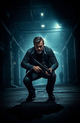 An intense suspense action thriller scene featuring a lone hero navigating a dark and abandoned warehouse, filled with shadows and ominous noises