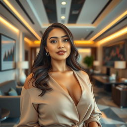 A beautiful mixed-heritage woman with a curvaceous figure, featuring a sharp, prominent nose and flawless fair skin, exuding confidence and allure