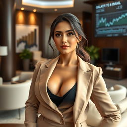 A beautiful mixed-heritage woman with a curvaceous figure, featuring a sharp, prominent nose and flawless fair skin, exuding confidence and allure