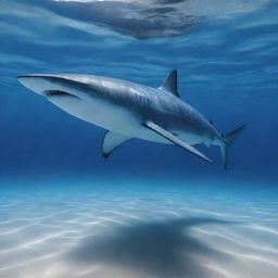 Render a powerful, sleek Mako shark moving swiftly under the crystal-clear ocean water, its streamlined body gleaming under the sea's surface light