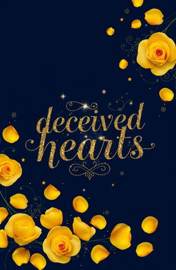 A book cover design with a deep navy blue background featuring the title "deceived hearts" in an elegant black calligraphy font, adorned with intricate green and golden outlining