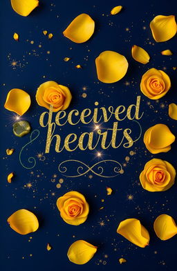 A book cover design with a deep navy blue background featuring the title "deceived hearts" in an elegant black calligraphy font, adorned with intricate green and golden outlining