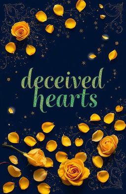 A book cover design with a deep navy blue background featuring the title "deceived hearts" in an elegant black calligraphy font, adorned with intricate green and golden outlining