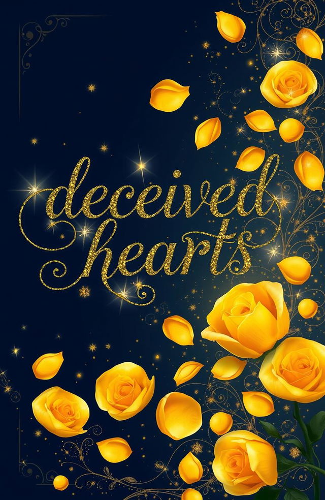 A book cover design with a deep navy blue background featuring the title "deceived hearts" in an elegant black calligraphy font, adorned with intricate green and golden outlining