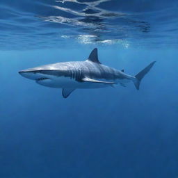 Render a powerful, sleek Mako shark moving swiftly under the crystal-clear ocean water, its streamlined body gleaming under the sea's surface light