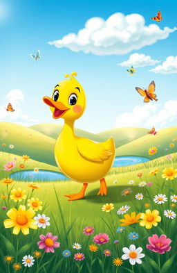 A delightful children's tale illustration depicting a whimsical green duck happily waddling through a vibrant green field filled with blooming wildflowers