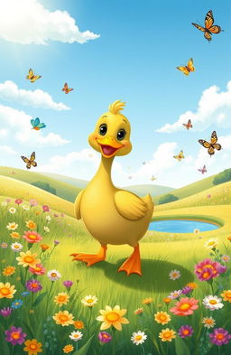 A delightful children's tale illustration depicting a whimsical green duck happily waddling through a vibrant green field filled with blooming wildflowers