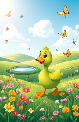 A delightful children's tale illustration depicting a whimsical green duck happily waddling through a vibrant green field filled with blooming wildflowers