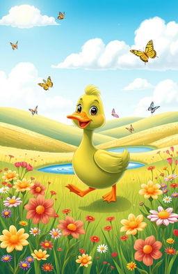 A delightful children's tale illustration depicting a whimsical green duck happily waddling through a vibrant green field filled with blooming wildflowers