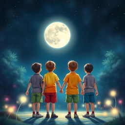 A fantasy scene featuring four boys holding hands, facing away from the viewer, gazing at a large, luminous full moon in a starry night sky