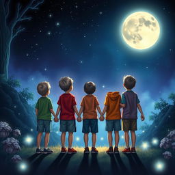 A fantasy scene featuring four boys holding hands, facing away from the viewer, gazing at a large, luminous full moon in a starry night sky