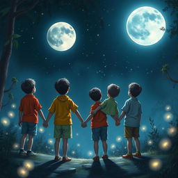A fantasy scene featuring four boys holding hands, facing away from the viewer, gazing at a large, luminous full moon in a starry night sky